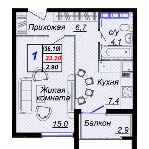 1 комнатная 36.1м²