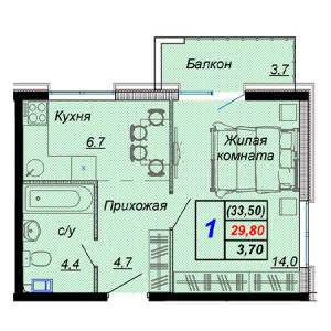 1 комнатная 33.5м²