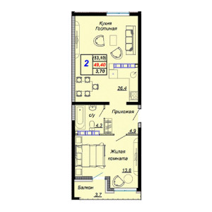 2 комнатная 53.1м²