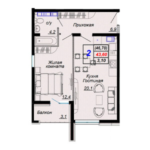 2 комнатная 46.7м²