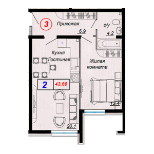 2 комнатная 43.6м²