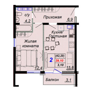 2 комнатная 42.2м²