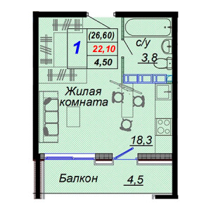 Студия 26.6м²