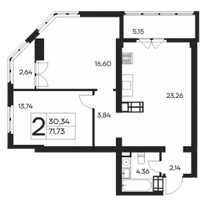 2 комнатная 71.73м²