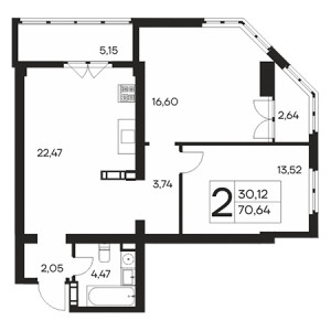 2 комнатная 70.64м²