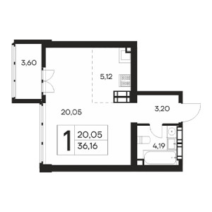 1 комнатная 36.16м²