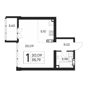 1 комнатная 35.79м²