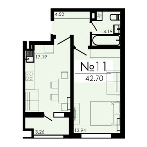 1 комнатная 42.7м²