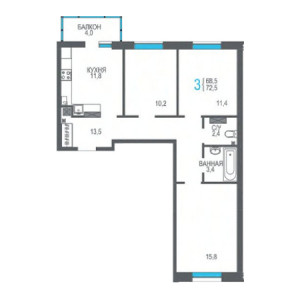 3 комнатная 72.5м²