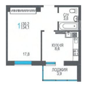 1 комнатная 34.1м²