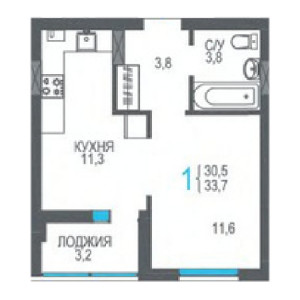 1 комнатная 33.7м²