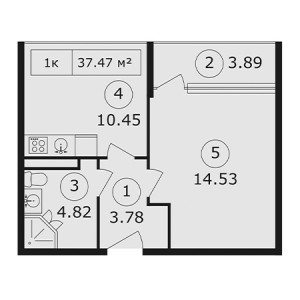 1 комнатная 37.47м²