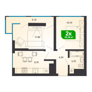 2 комнатная 45.3м²