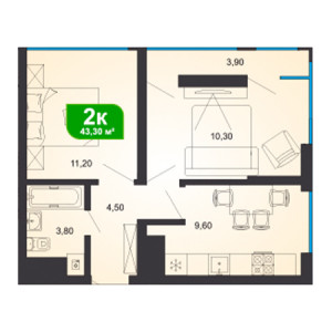 2 комнатная 43.3м²