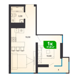 1 комнатная 37.4м²