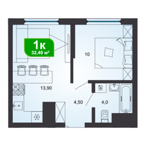 1 комнатная 32.4м²