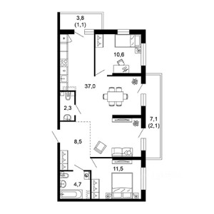 3 комнатная 77.8м²