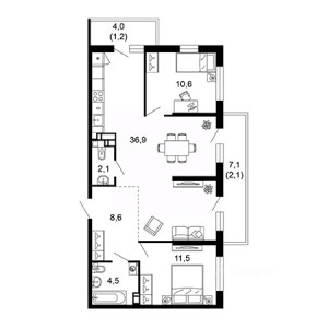 3 комнатная 77.5м²