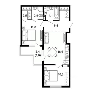 2 комнатная 58.5м²