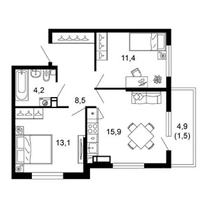 2 комнатная 54.6м²