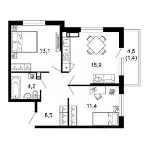 2 комнатная 54.5м²