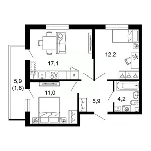 2 комнатная 52.2м²