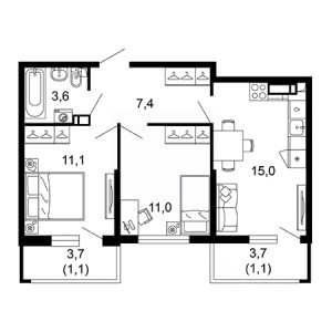 2 комнатная 50.3м²