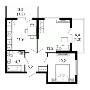 2 комнатная 47.7м²