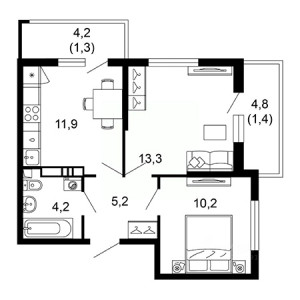 2 комнатная 47.5м²