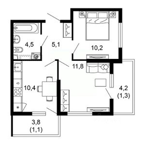 2 комнатная 44.4м²