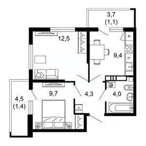 2 комнатная 42.4м²