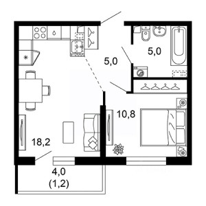 1 комнатная 40.2м²