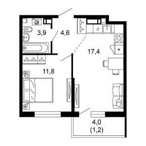 1 комнатная 38.9м²