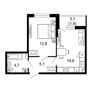 1 комнатная 38.8м²