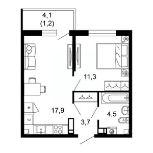 1 комнатная 38.6м²