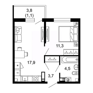 1 комнатная 38.5м²