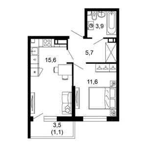 1 комнатная 37.9м²