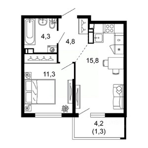 1 комнатная 37.5м²