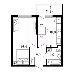 1 комнатная 36.9м²