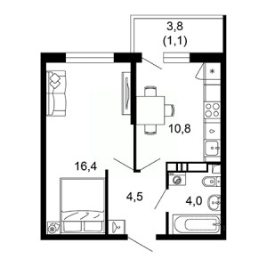 1 комнатная 36.8м²