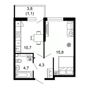 1 комнатная 36.6м²