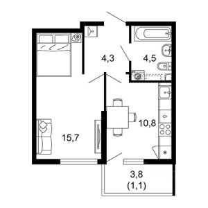 1 комнатная 36.4м²