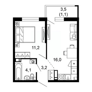 1 комнатная 35.6м²