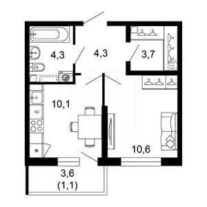 1 комнатная 34.1м²