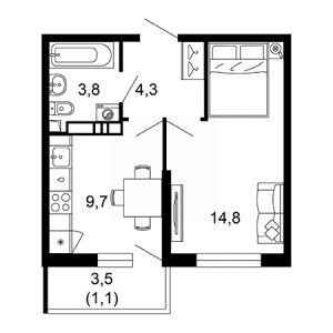 1 комнатная 33.7м²