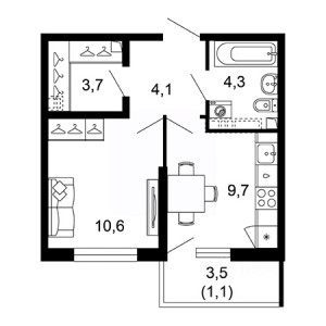 1 комнатная 33.5м²