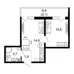 1 комнатная 33.3м²