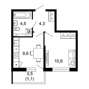 1 комнатная 30.1м²