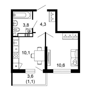 1 комнатная 29.9м²