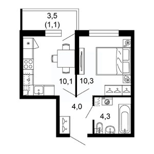 1 комнатная 29.8м²